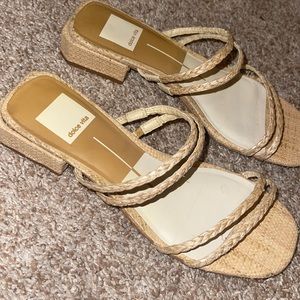 Rattan block heel slide sandal